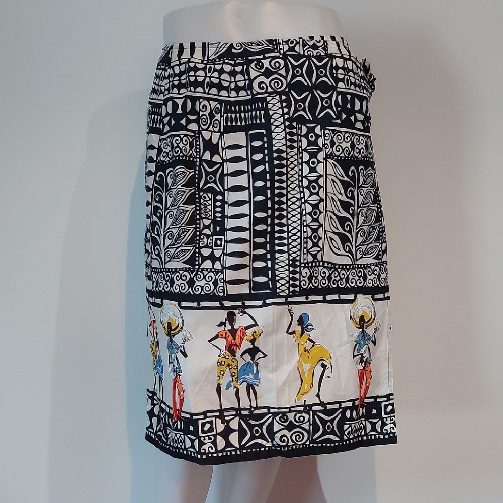 Current Black and White Patterned Wrap Skirt with Colorful Accents Size 10